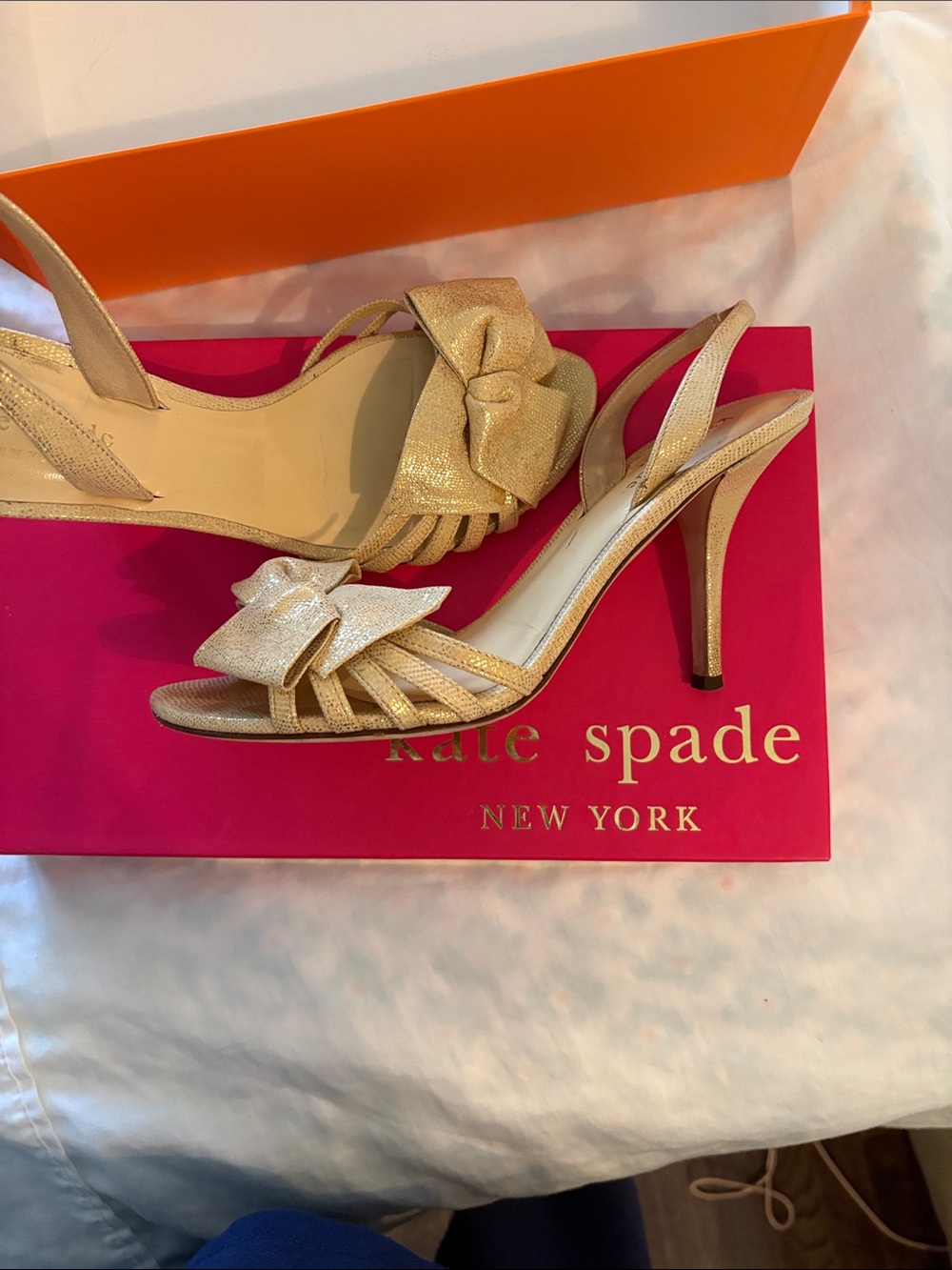 kate spade Gold Bow Slingback Peep-Toe Heels - Picture 2 of 4
